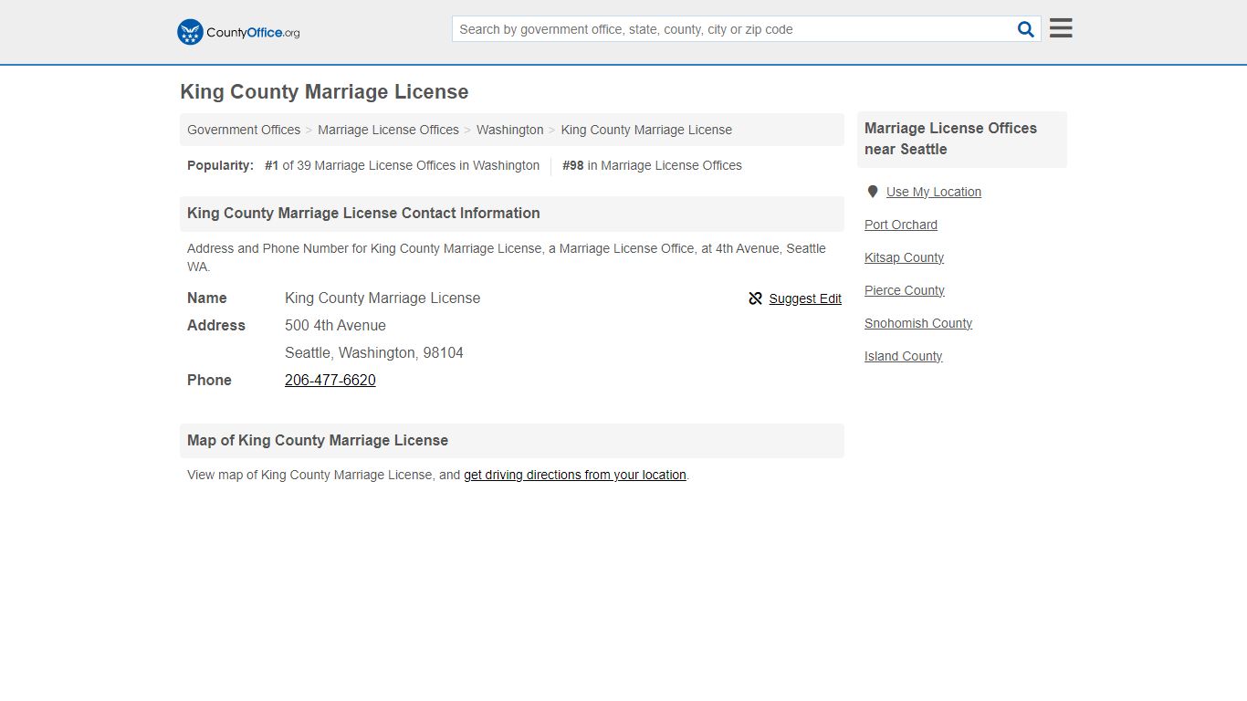 King County Marriage License - Seattle, WA (Address and Phone)